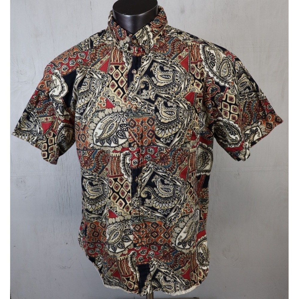 Mens Vintage Career Club Paisley Shirt Short Sleeve Button Front Size XL Cotton